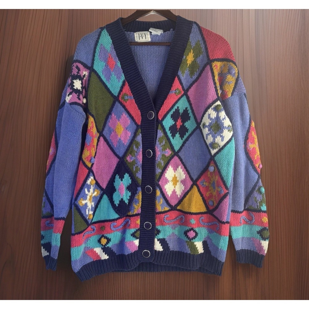 Vintage 80s Cardigan Bright 3D Colorful L Cotton/Ramie Floral Argyle Dopamine